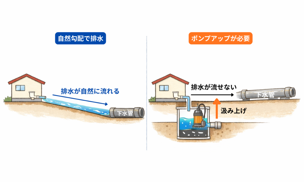 自然勾配とポンプアップを用いての排水方法の違い
